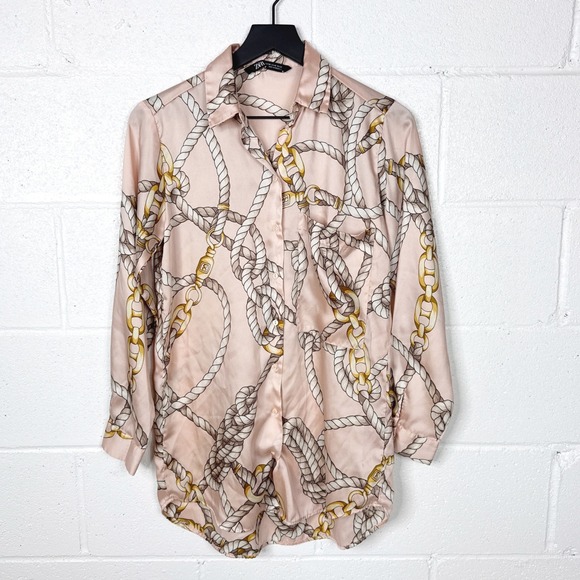 Zara Chain Print Satin Button Down Shirt Womens XS Pink Long Sleeve Blouse - Picture 1 of 6